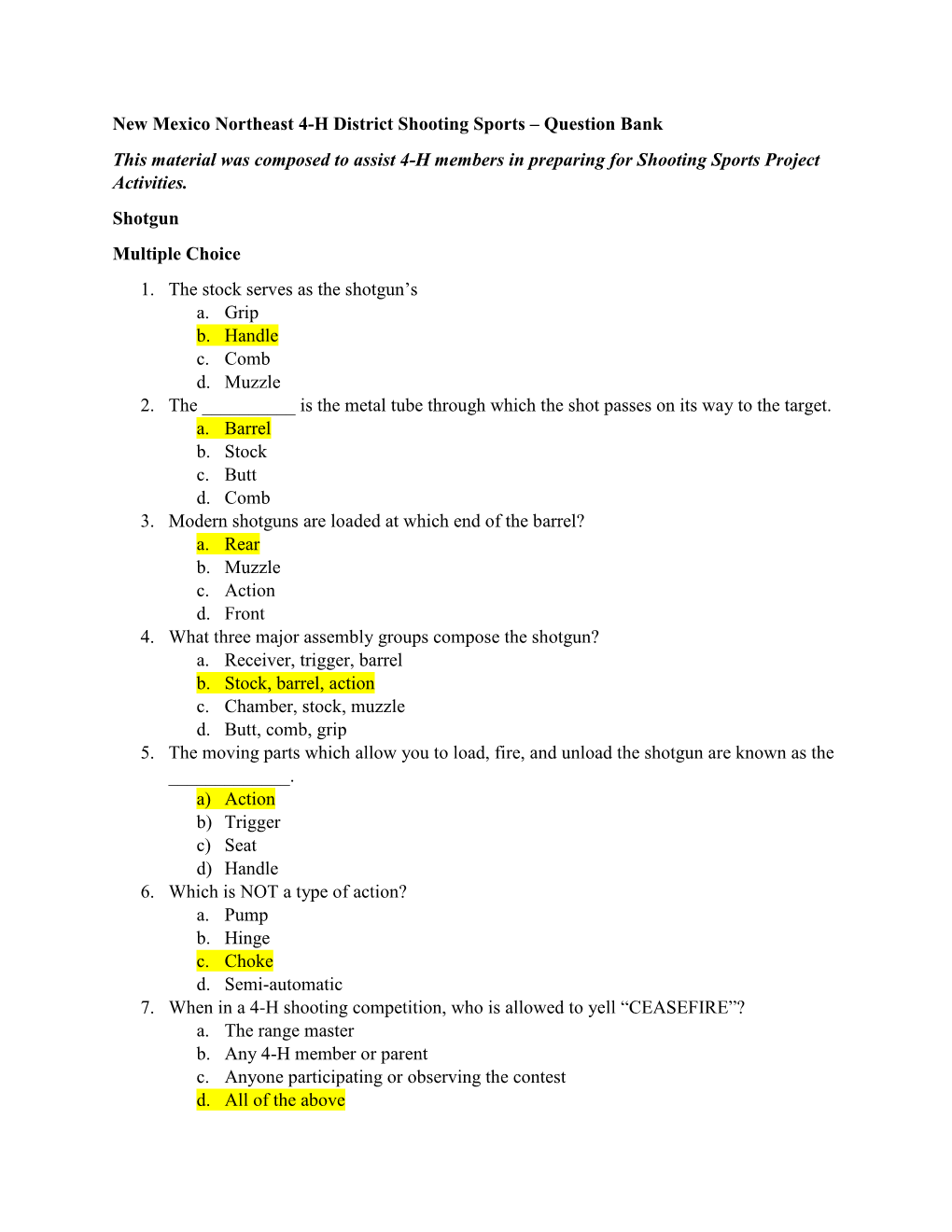 New Mexico Northeast 4-H District Shooting Sports – Question Bank This Material Was Composed to Assist 4-H Members in Preparing for Shooting Sports Project Activities