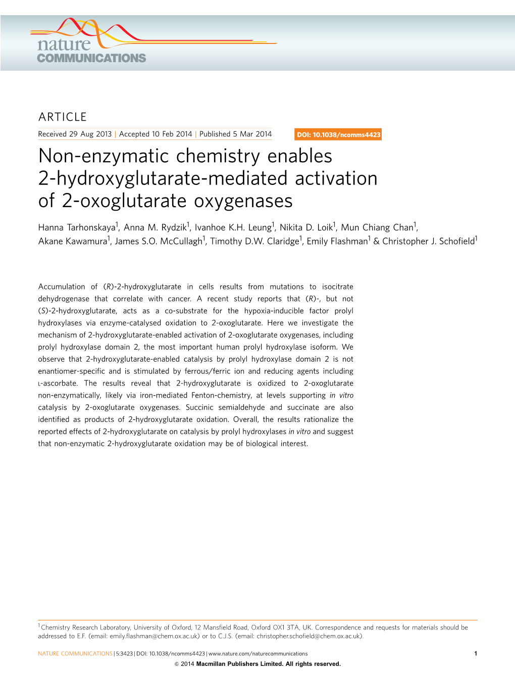 Non-Enzymatic Chemistry Enables 2-Hydroxyglutarate-Mediated Activation of 2-Oxoglutarate Oxygenases