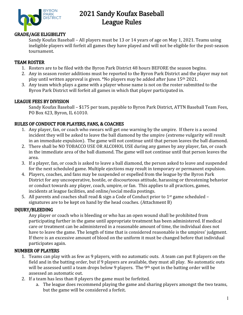 2021 Sandy Koufax Baseball League Rules