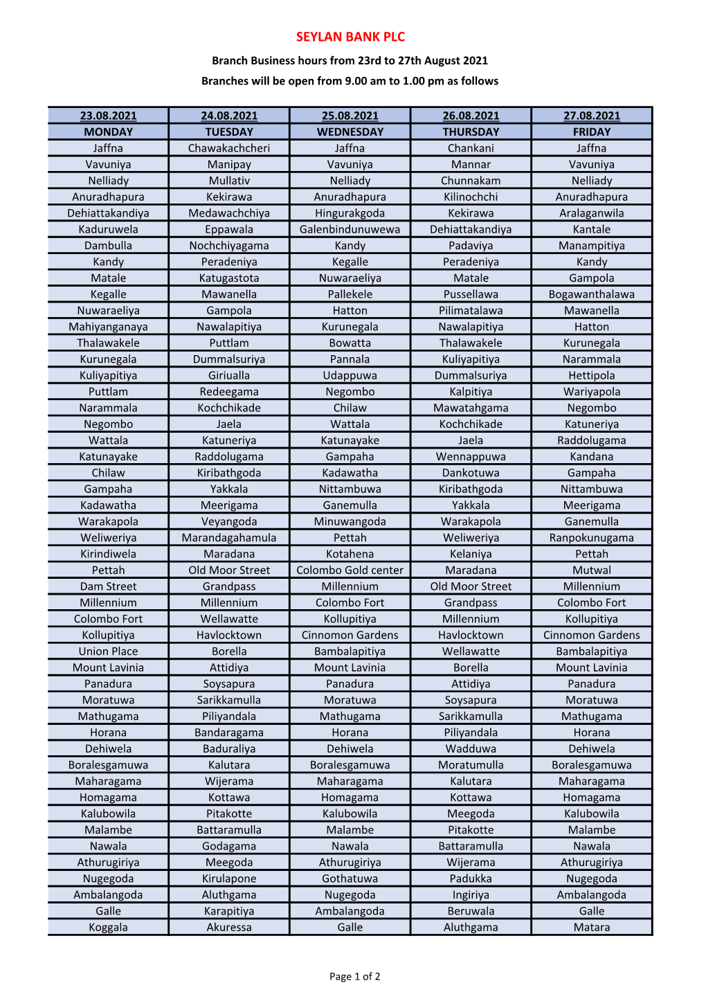 Branch Business Hours from 23Rd to 27Th August 2021 Branches Will Be Open from 9.00 Am to 1.00 Pm As Follows