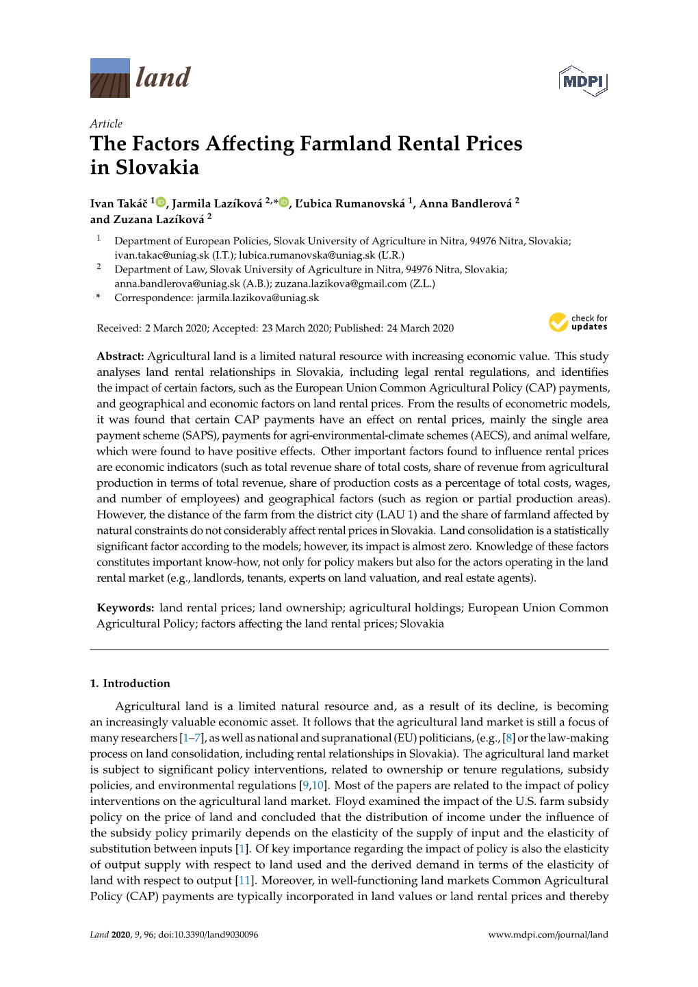 The Factors Affecting Farmland Rental Prices in Slovakia