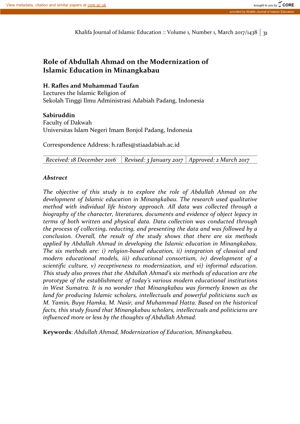 Role of Abdullah Ahmad on the Modernization of Islamic Education in Minangkabau