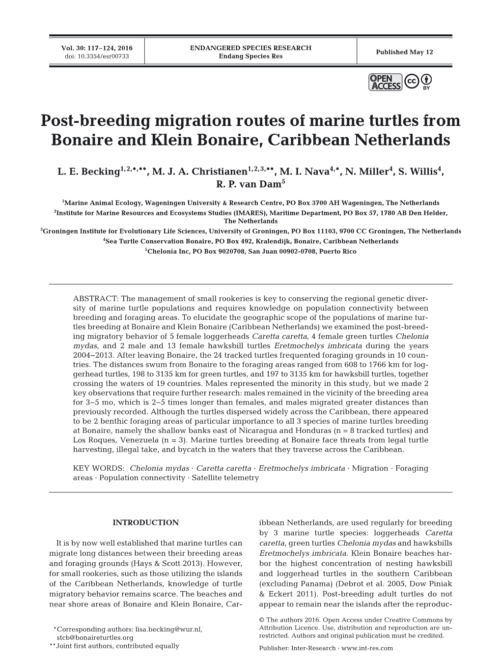 Post-Breeding Migration Routes of Marine Turtles from Bonaire and Klein Bonaire, Caribbean Netherlands