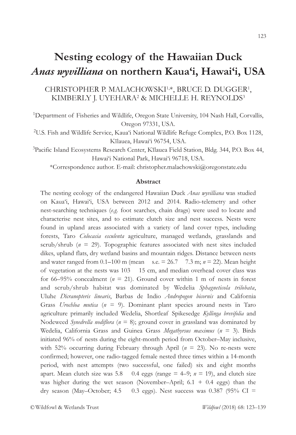 Nesting Ecology of the Hawaiian Duck Anas Wyvilliana on Northern Kaua'i