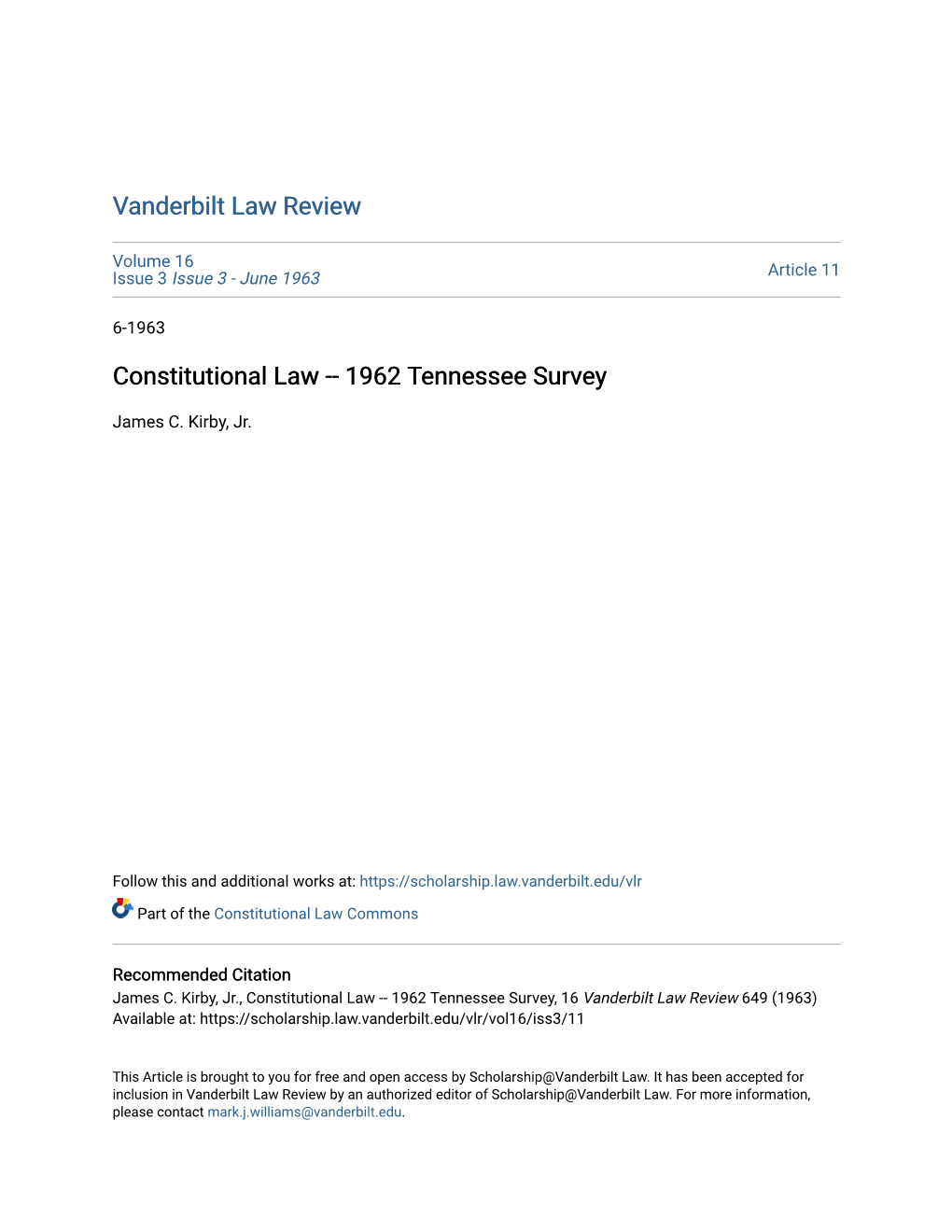 Constitutional Law -- 1962 Tennessee Survey