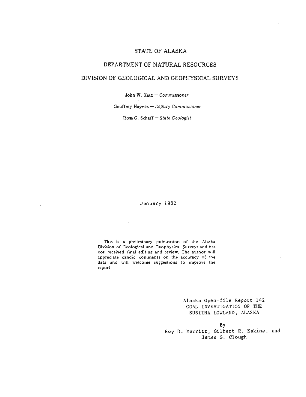 STATE of ALASKA Department of Natural Resources DIVISION of GEOLOGICAL & GEOPHYSICAL SURVEYS