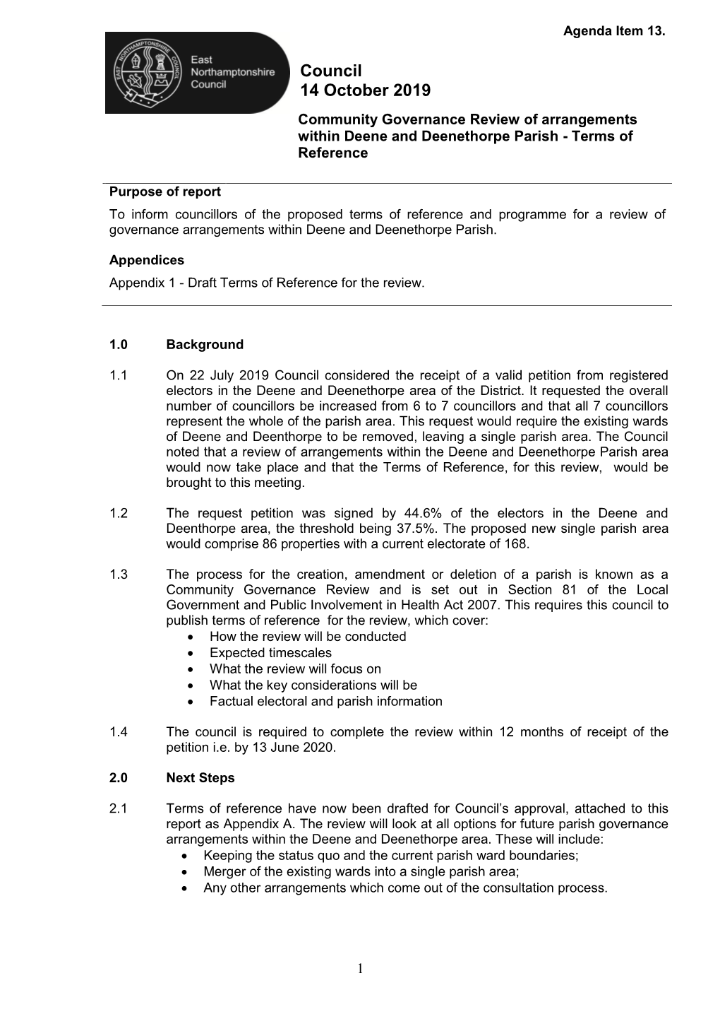 Community Governance Review of Arrangements Within Deene and Deenethorpe Parish - Terms of Reference