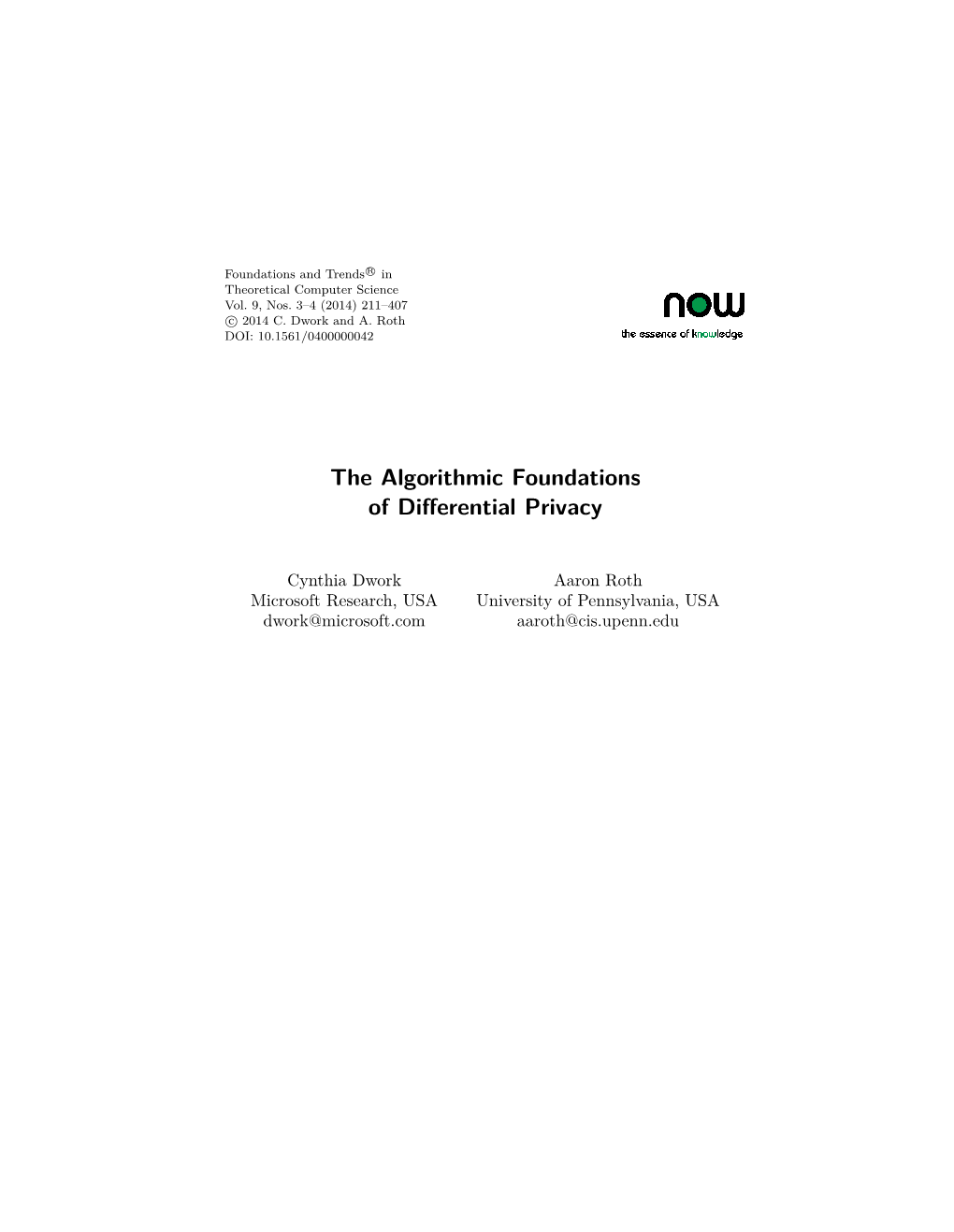 The Algorithmic Foundations of Differential Privacy