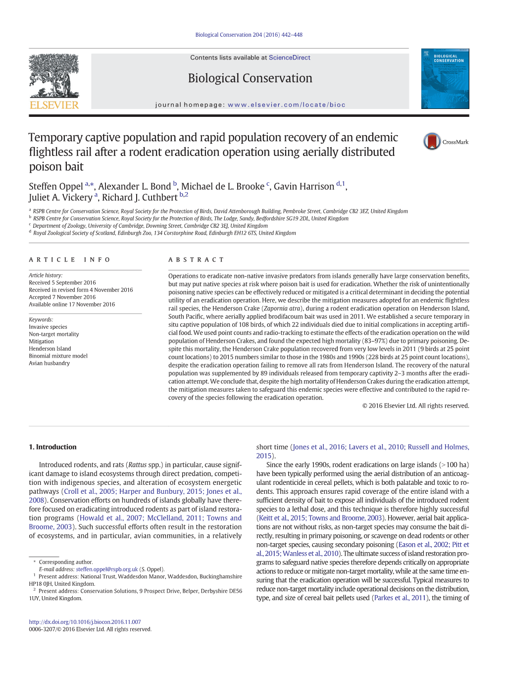 Temporary Captive Population and Rapid Population Recovery of an Endemic ﬂightless Rail After a Rodent Eradication Operation Using Aerially Distributed Poison Bait