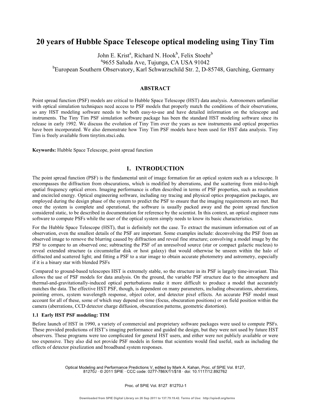 20 Years of Hubble Space Telescope Optical Modeling Using Tiny Tim