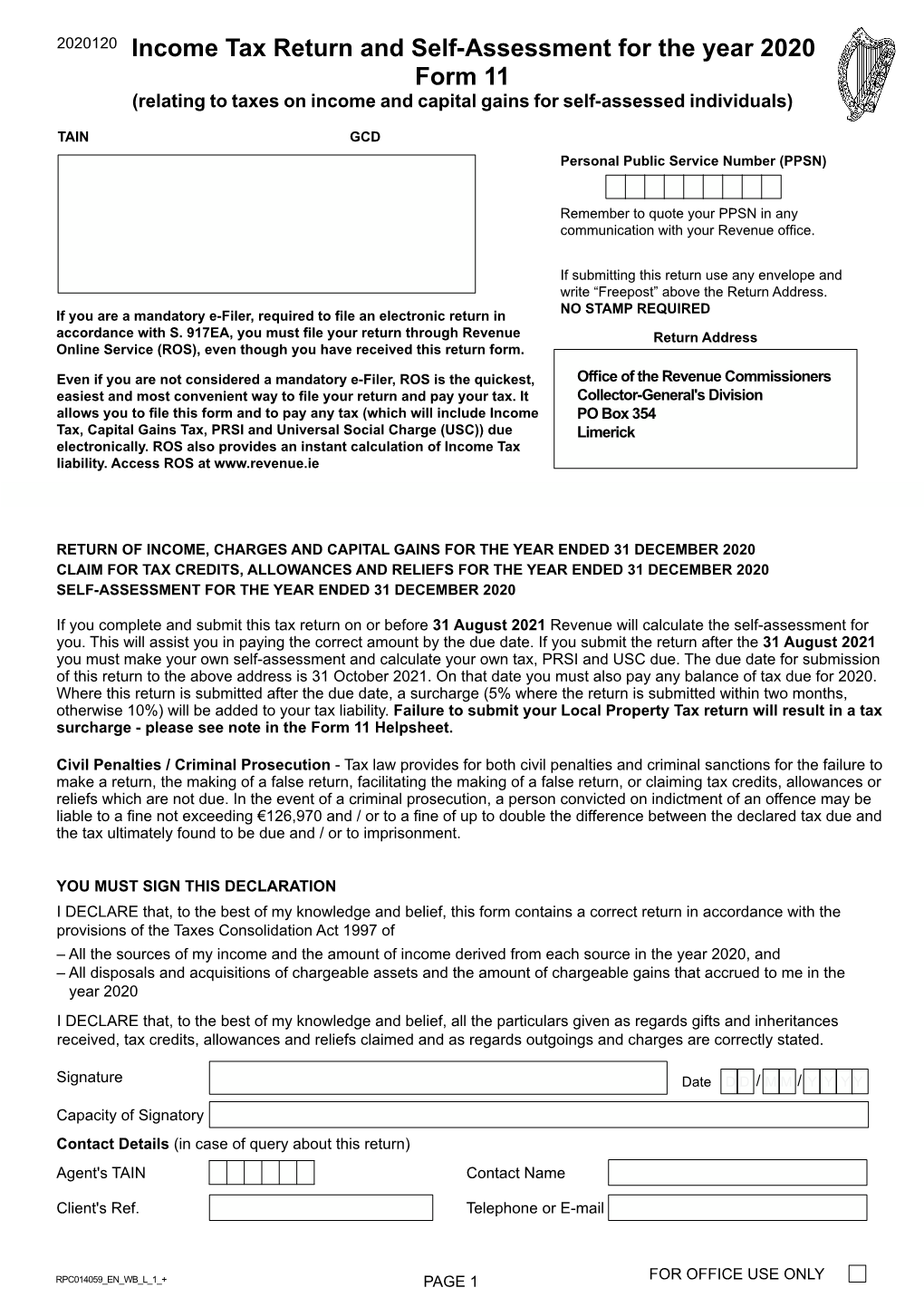 Income Tax Return and Self-Assessment for the Year 2020 Form 11 (Relating to Taxes on Income and Capital Gains for Self-Assessed Individuals)