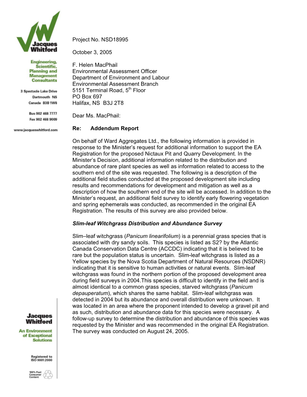 Additional Information to Support the EA Registration for the Proposed Nictaux Pit and Quarry Development