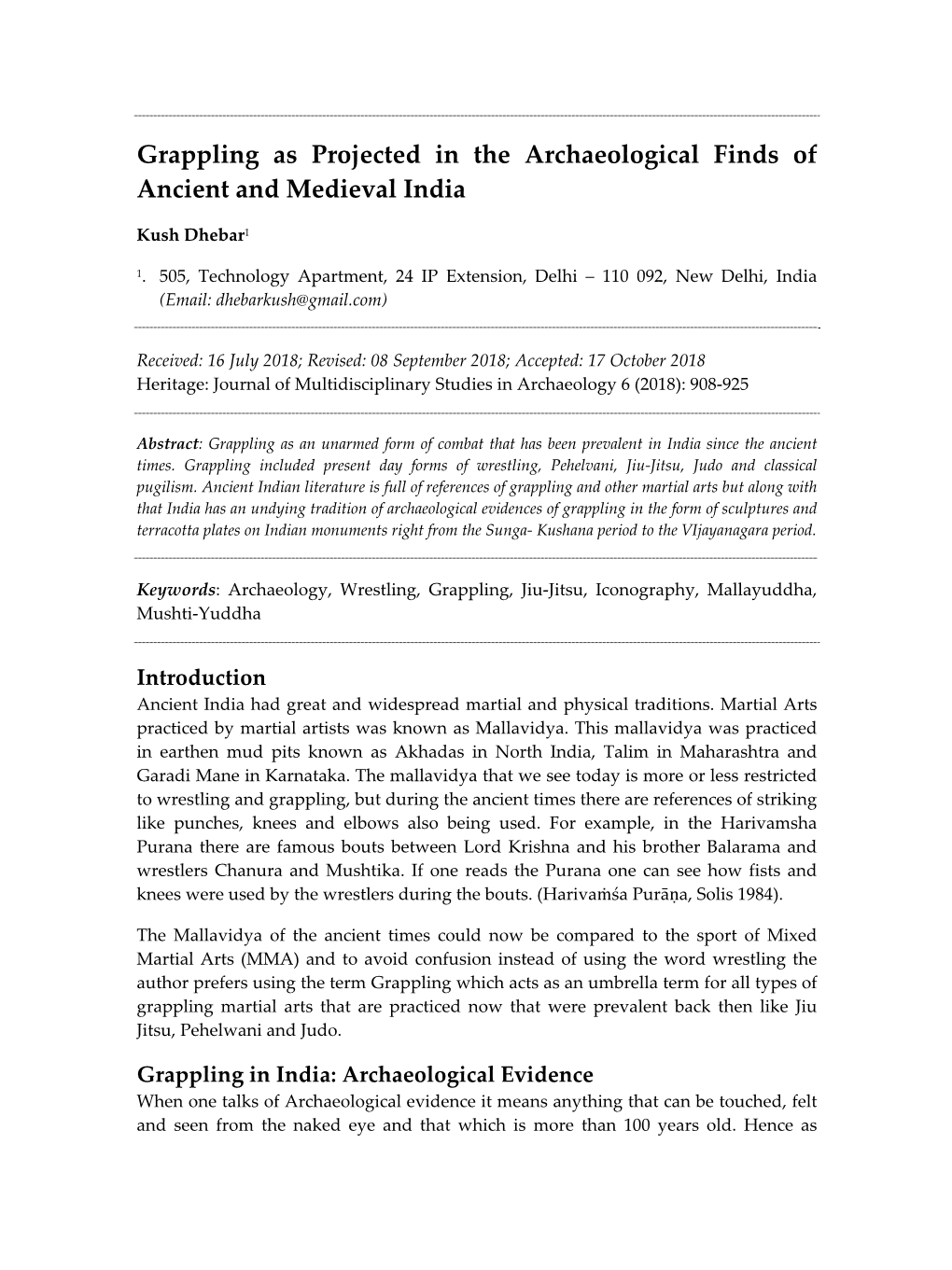 Grappling As Projected in the Archaeological Finds of Ancient and Medieval India