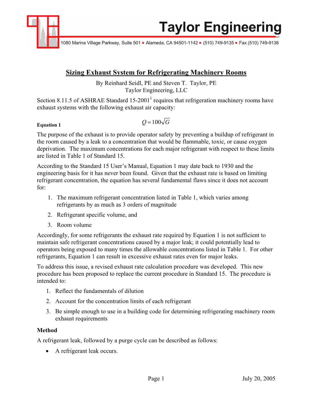 Sizing Exhaust System for Refrigerating Machinery Rooms by Reinhard Seidl, PE and Steven T