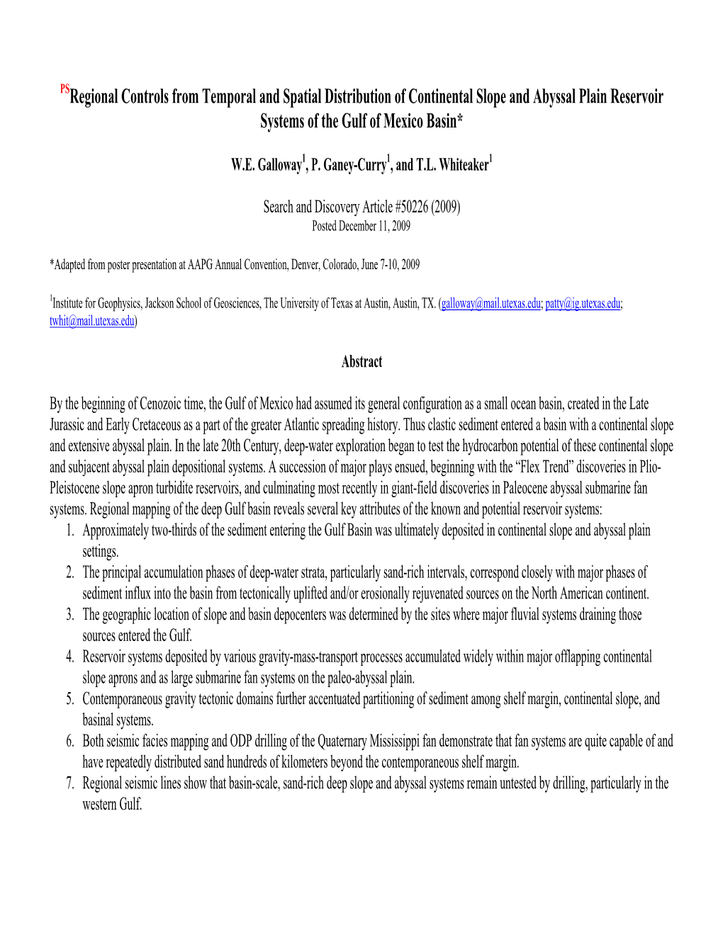 Regional Controls from Temporal and Spatial Distribution of Continental Slope and Abyssal Plain Reservoir Systems of the Gulf of Mexico Basin*