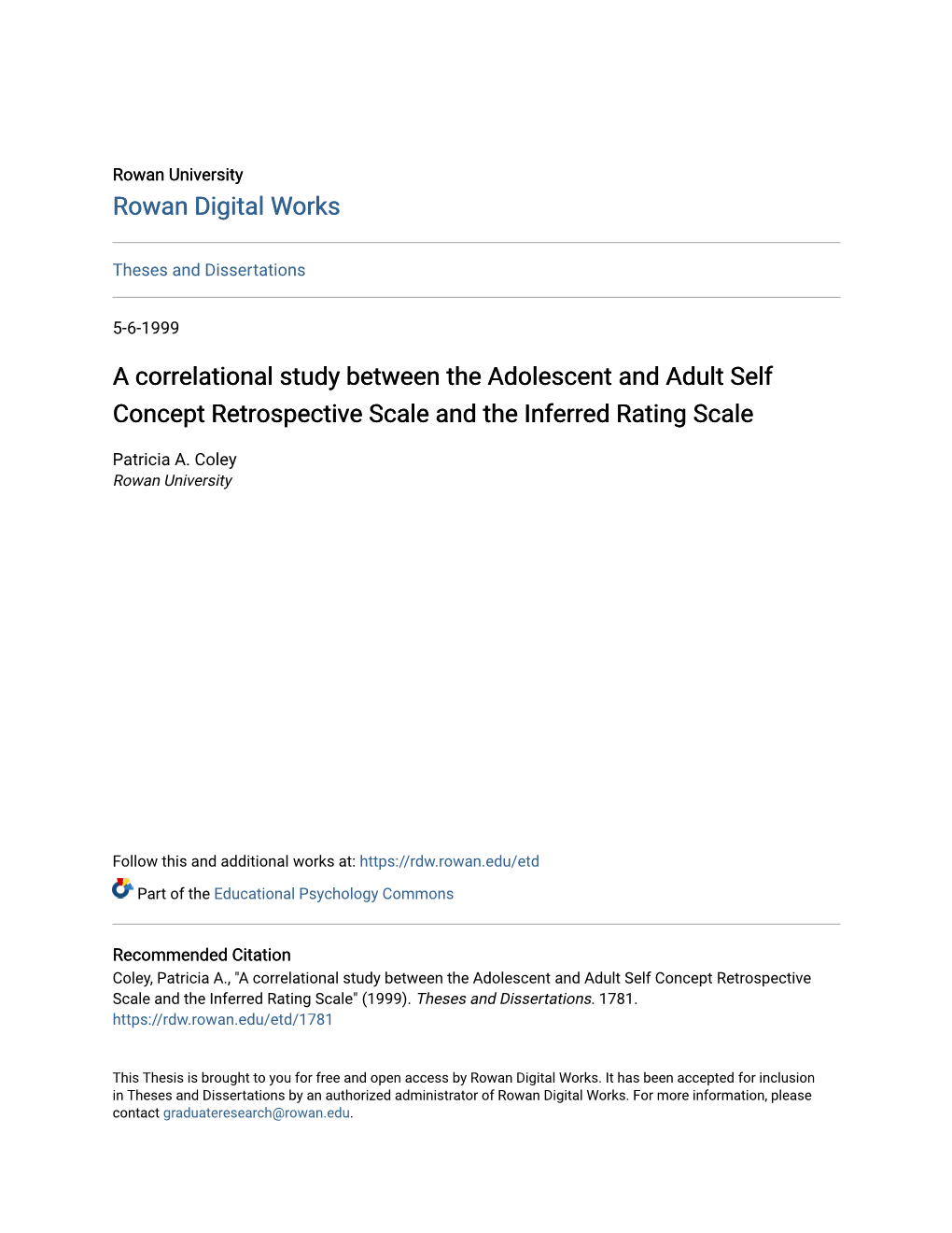 A Correlational Study Between the Adolescent and Adult Self Concept Retrospective Scale and the Inferred Rating Scale