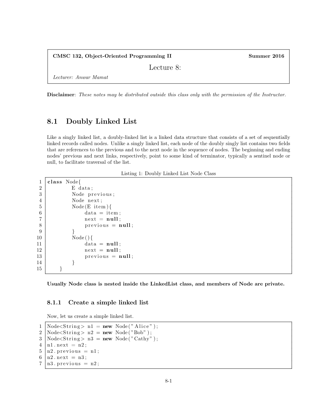 Lecture 8: 8.1 Doubly Linked List