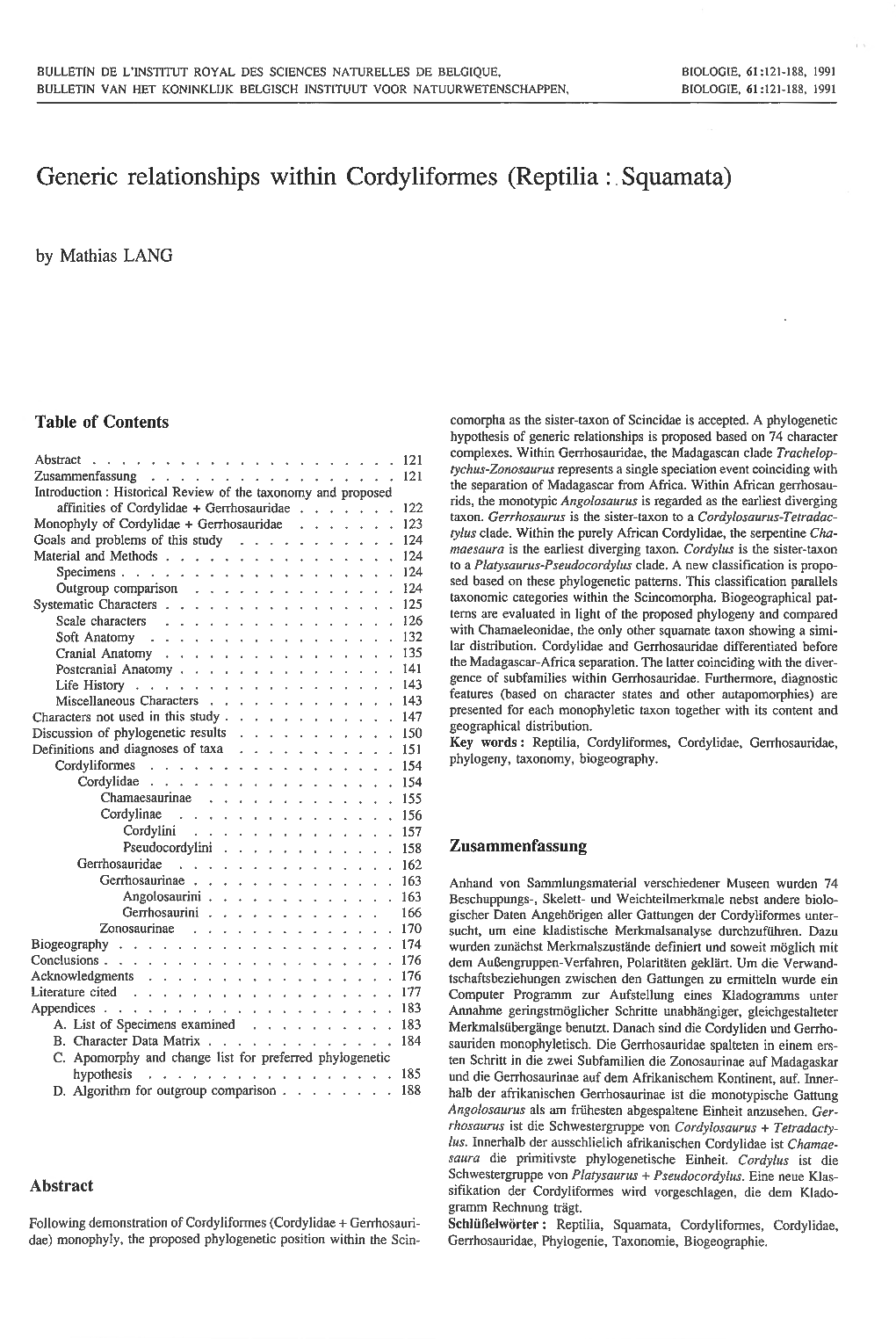 Generic Relationships Within Cordyliformes (Reptilia . Squamata)