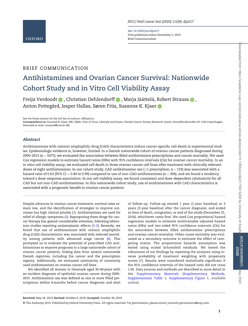 Antihistamines and Ovarian Cancer Survival: Nationwide Cohort Study and in Vitro Cell Viability Assay