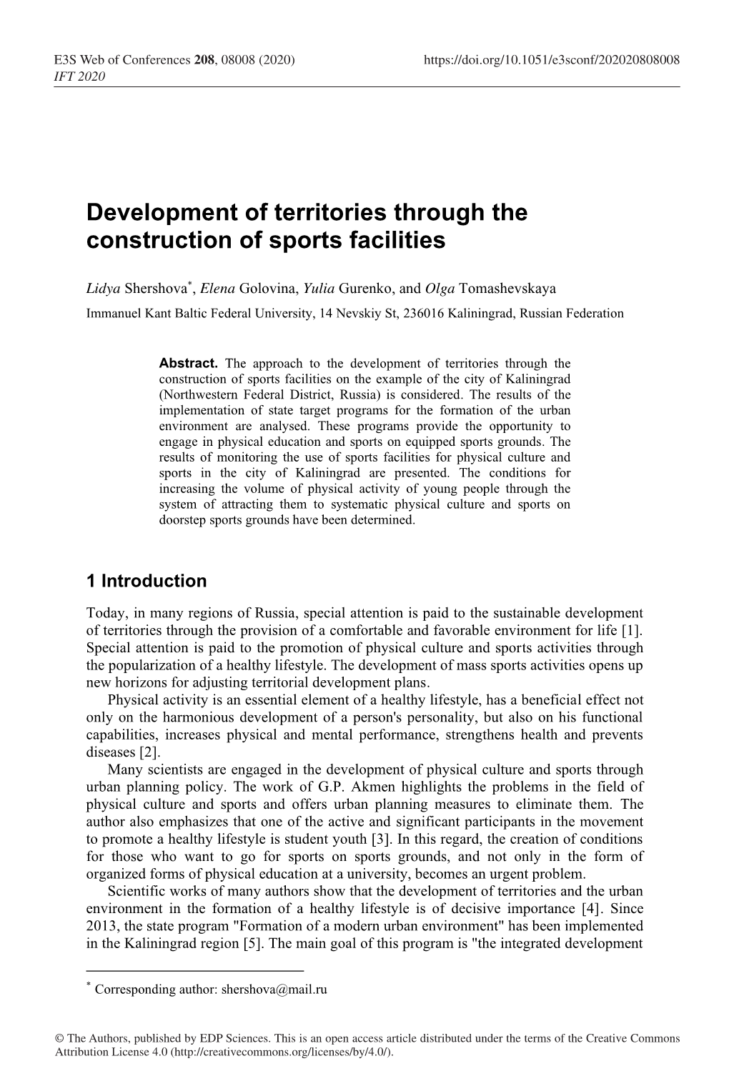 Development of Territories Through the Construction of Sports Facilities