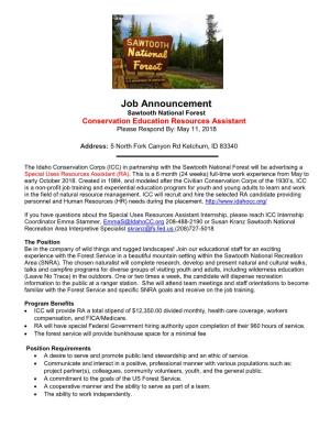Job Announcement Sawtooth National Forest Conservation Education Resources Assistant Please Respond By: May 11, 2018