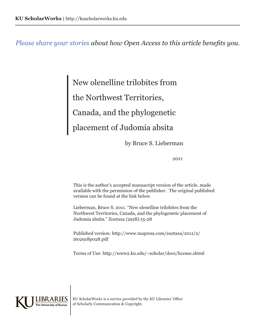 New Olenelline Trilobites from the Northwest Territories, Canada, and the Phylogenetic Placement of Judomia Absita