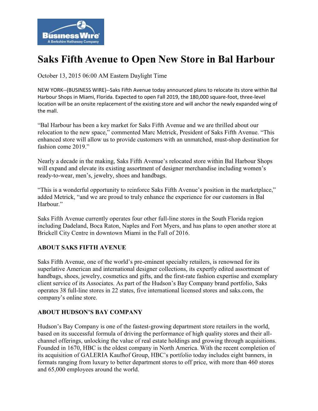 Saks Fifth Avenue to Open New Store in Bal Harbour