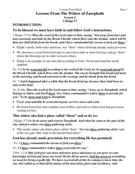 Lessons from the Widow of Zarephath Lesson 2 1 Kings 17 INTRODUCTION: to Be Blessed We Must Have Faith in and Follow God’S Instructions