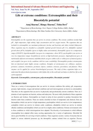 Extremophiles and Their Biocatalytic Potential Anuj Sharma1, Rimpy Sharma2, Tishu Devi3 1,2Department of Biotechnology, Govt