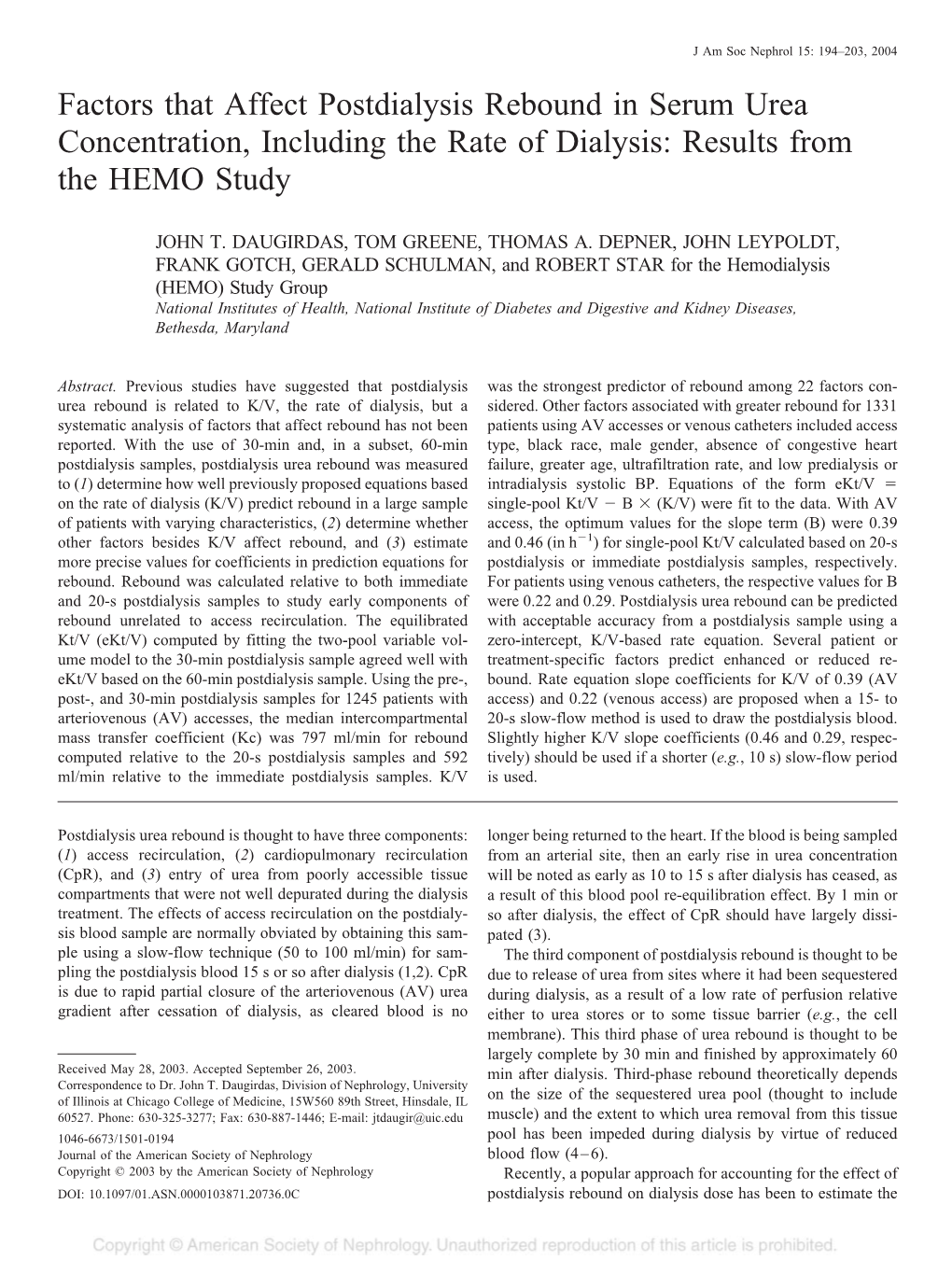 Factors That Affect Postdialysis Rebound in Serum Urea Concentration, Including the Rate of Dialysis: Results from the HEMO Study