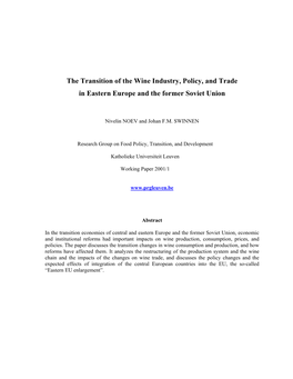 The Transition of the Wine Industry, Policy, and Trade in Eastern Europe and the Former Soviet Union