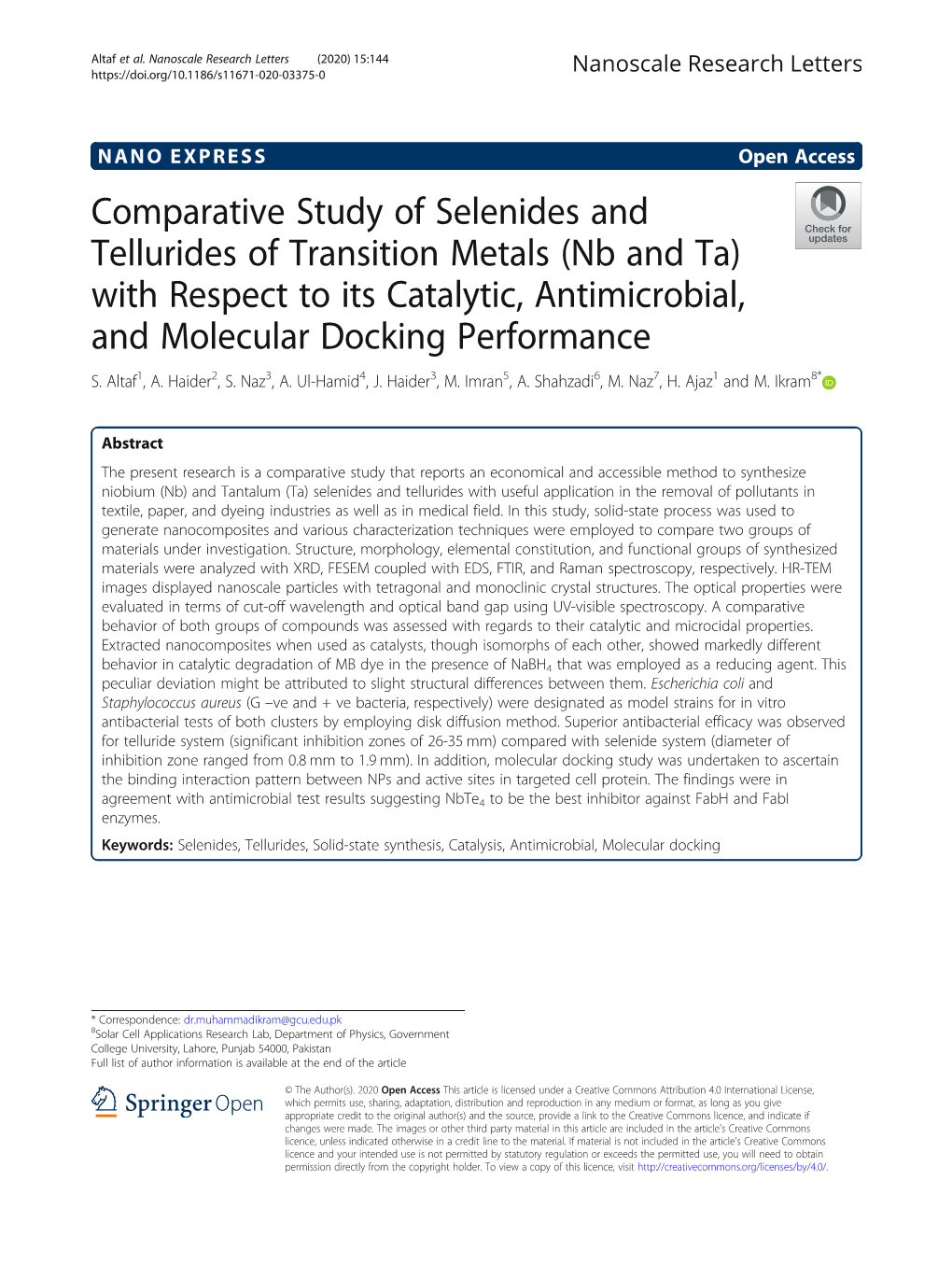 Comparative Study of Selenides and Tellurides of Transition Metals (Nb and Ta) with Respect to Its Catalytic, Antimicrobial, and Molecular Docking Performance S