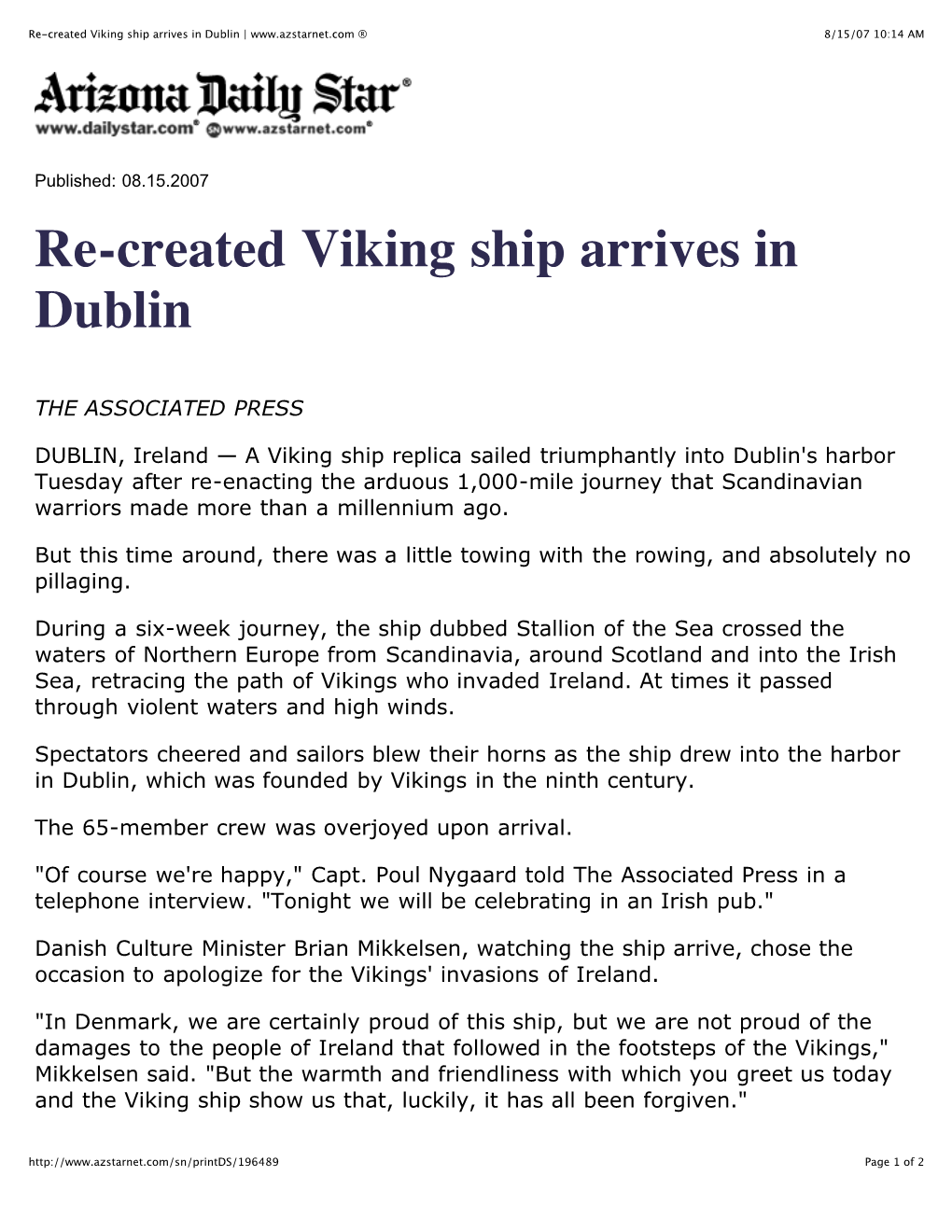 Re-Created Viking Ship Arrives in Dublin | ® 8/15/07 10:14 AM