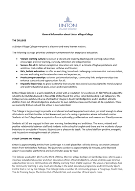 General Information About Linton Village College the COLLEGE At