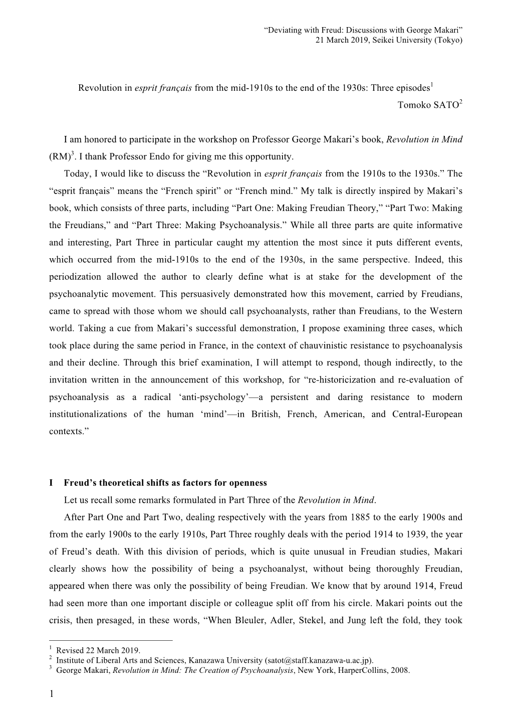 Revolution in Esprit Français from the Mid-1910S to the End of the 1930S: Three Episodes1 Tomoko SATO2 I Am Honored to Particip