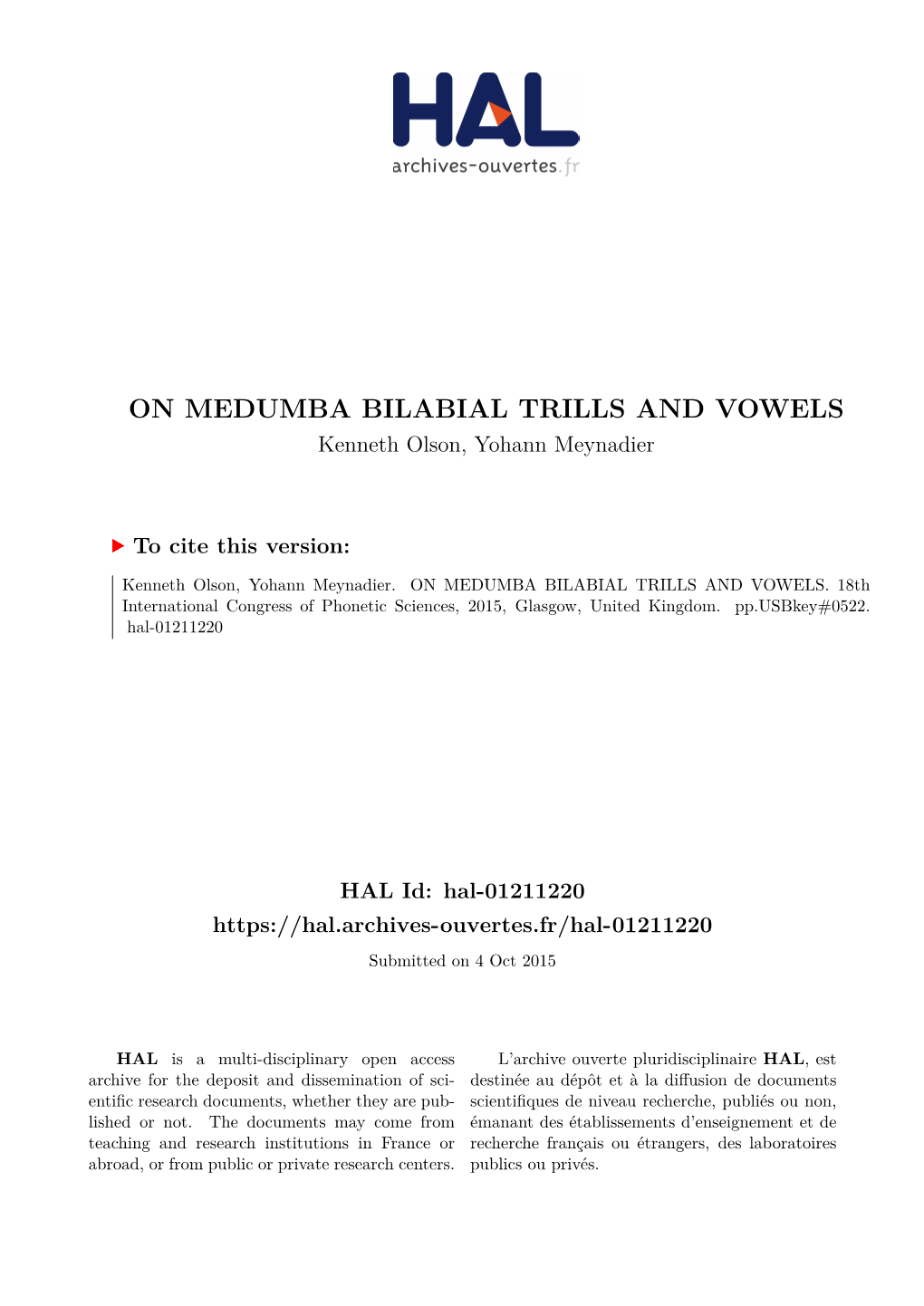 ON MEDUMBA BILABIAL TRILLS and VOWELS Kenneth Olson, Yohann Meynadier