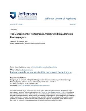 The Management of Performance Anxiety with Beta-Adrenergic Blocking Agents