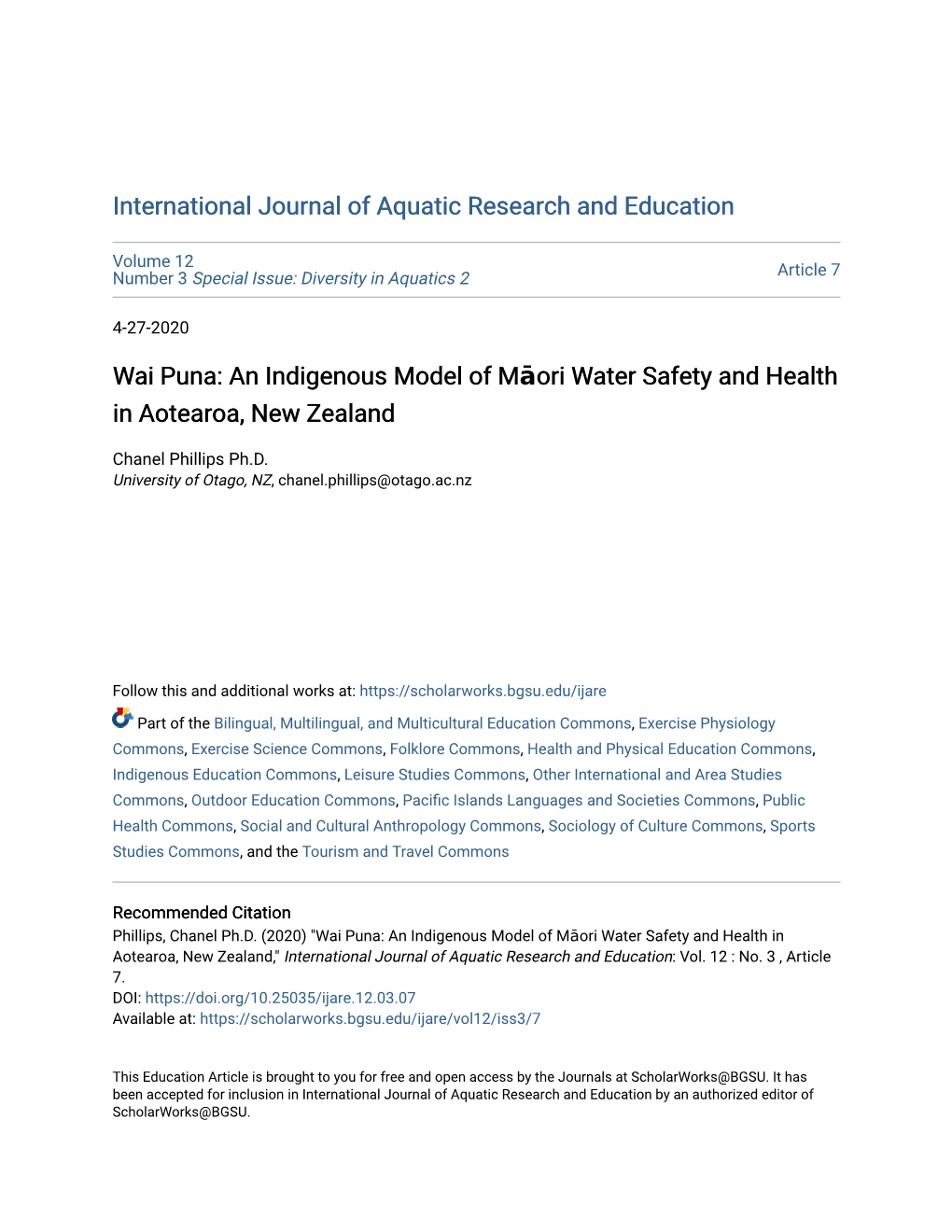 An Indigenous Model of Māori Water Safety and Health Wai Puna