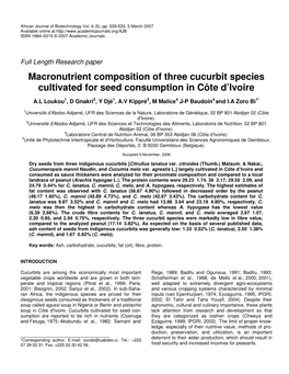 Macronutrient Composition of Three Cucurbit Species Cultivated for Seed Consumption in Côte D’Ivoire
