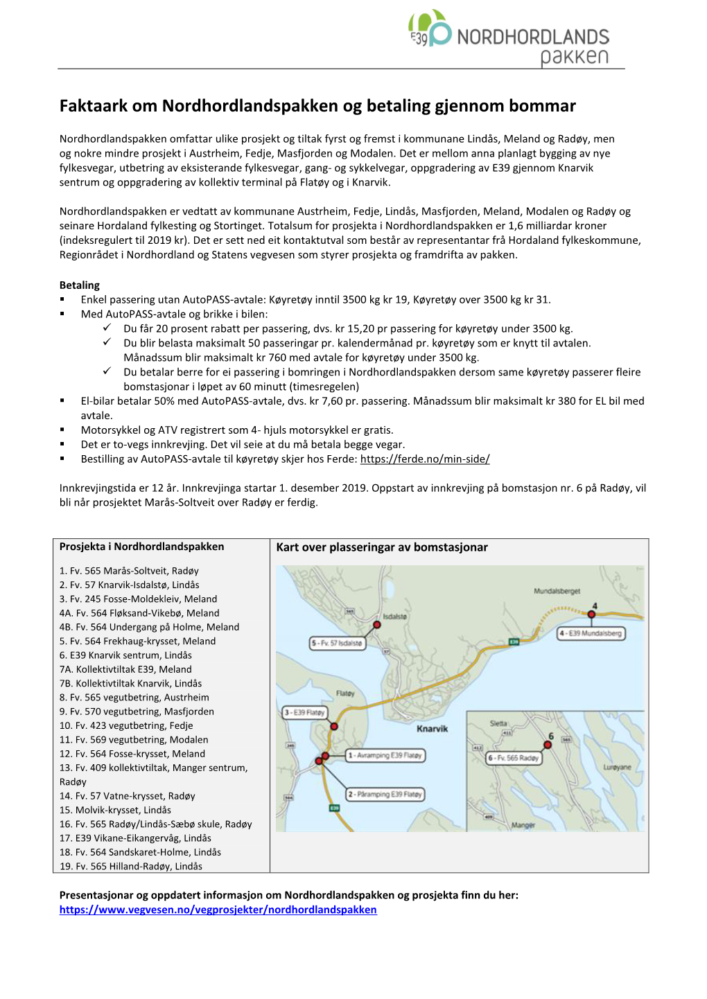 Faktaark Om Nordhordlandspakken Og Betaling Gjennom Bommar