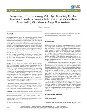 Association of Hemorheology with High-Sensitivity Cardiac Troponin T Levels in Patients with Type 2 Diabetes Mellitus Assessed by Microchannel Array Flow Analyzer