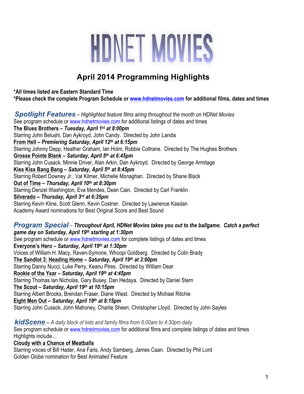 Hdnet Movies April 2014 Program Highlights