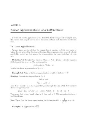 Week 7. Linear Approximations and Diﬀerentials