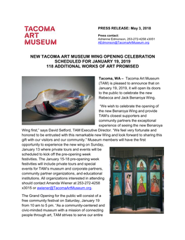 New Tacoma Art Museum Wing Opening Celebration Scheduled for January 19, 2019 118 Additional Works of Art Promised