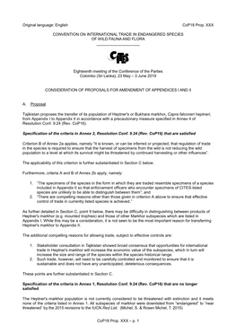 Proposal for Amendment of Appendix I Or II for CITES Cop18. Markhor