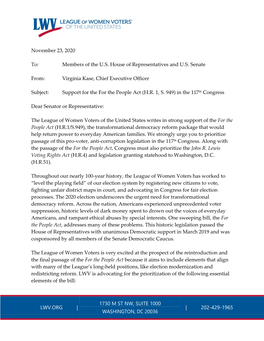 LWVUS HR 1 Support Letter November 2020