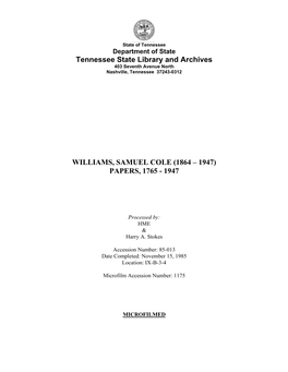 Tennessee State Library and Archives WILLIAMS, SAMUEL COLE (1864 – 1947) PAPERS, 1765