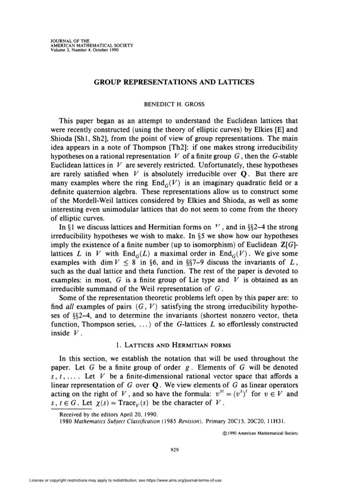GROUP REPRESENTATIONS and LATTICES This Paper Began As An