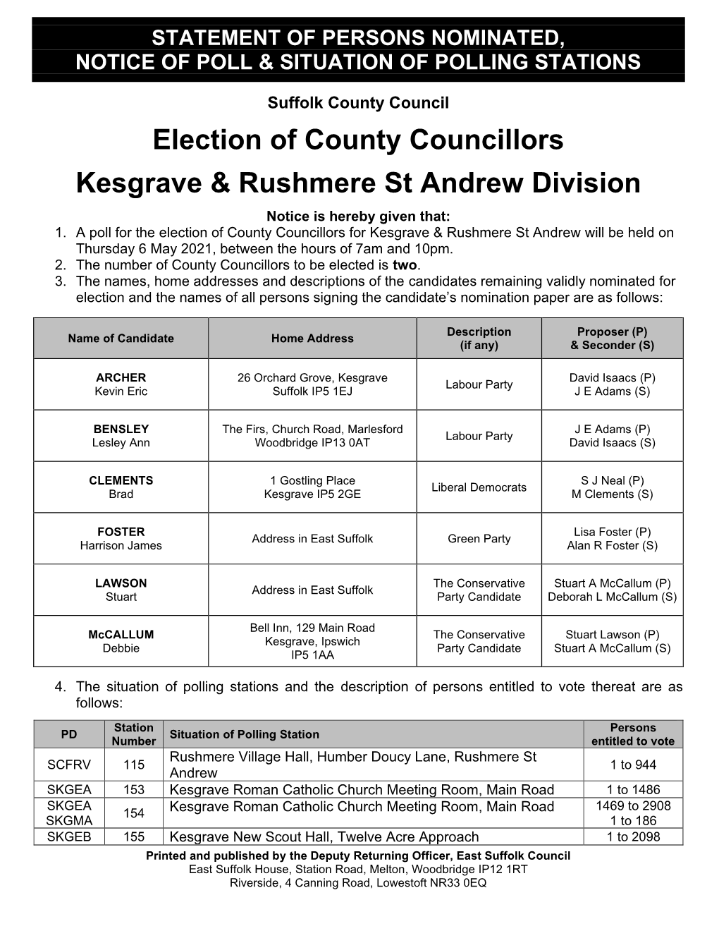 Election of County Councillors Kesgrave & Rushmere St Andrew