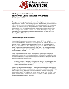 History of Crisis Pregnancy Centers Dawn Stacey M.Ed, LMHC